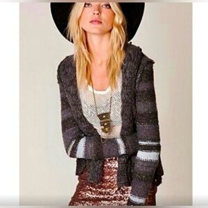 Free People Charcoal Gray Chunky Blue Striped Wool Blend Cardigan